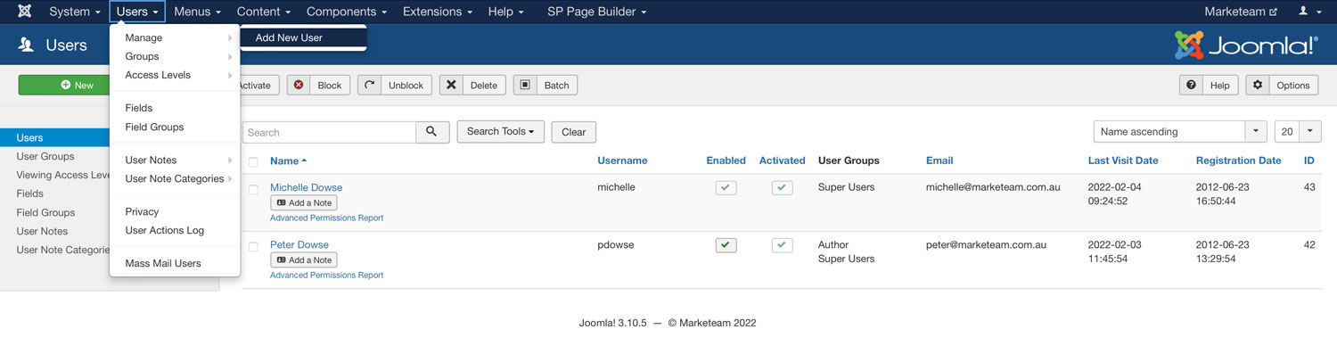 Joomla add new user